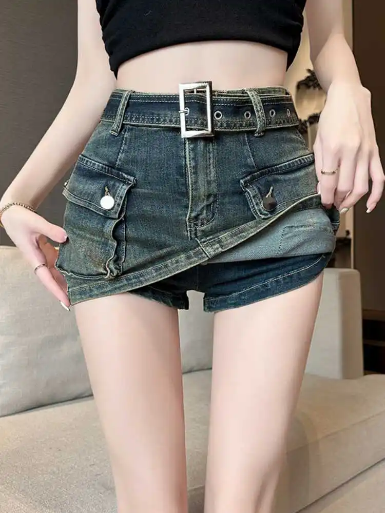 High Waist Denim Shorts Women's Slimming Lift Bottom Design A-Line Skirt Style Retro Spicy Girl Short Skirts Korean Version