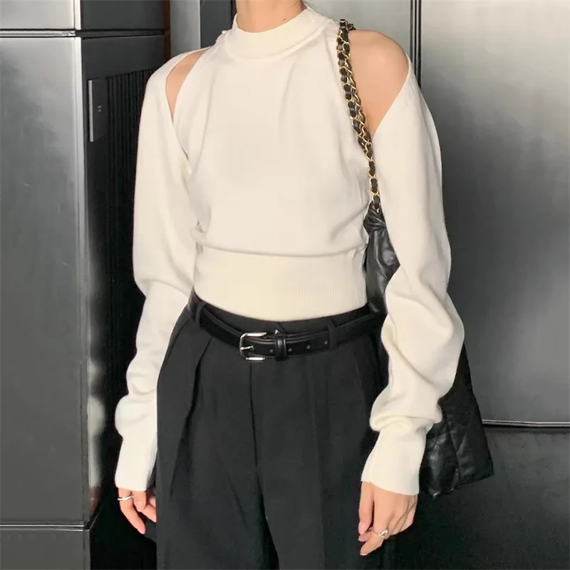 

Women's sweater 2026 Spring new elastic knitted slim fit long sleeved top 100% wool round neck pullover Fake two shawl Knitwear