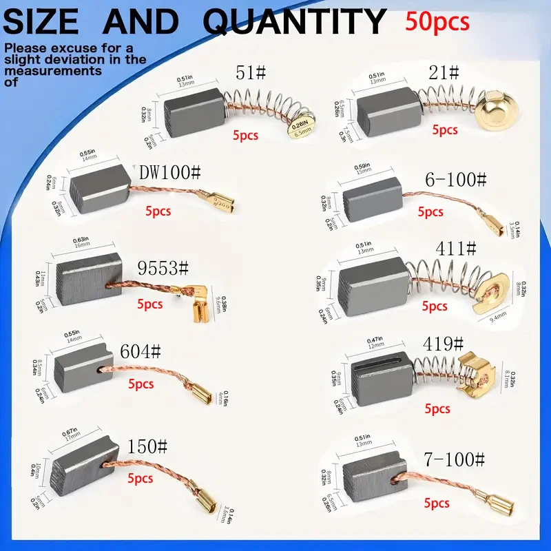 50Pcs, 10 Different Specifications, 5Pcs Per Specification, Electric Tool Carbon Brushes, Suitable for Various Types of Electric Tools Such as Electric Hammers, Angle Grinders, Circular Saws, Etc., for Repair and Replacement Parts