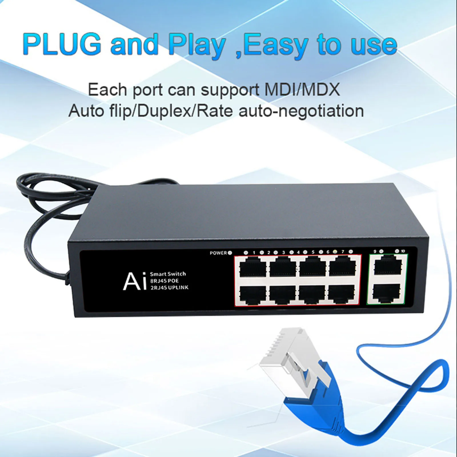 Mini 10 Ports POE Switch Ethernet Smart Switch Network Switch RJ45 Hub 100Mbps Internet Splitter Auto MDI/MDIX for WiFi Router