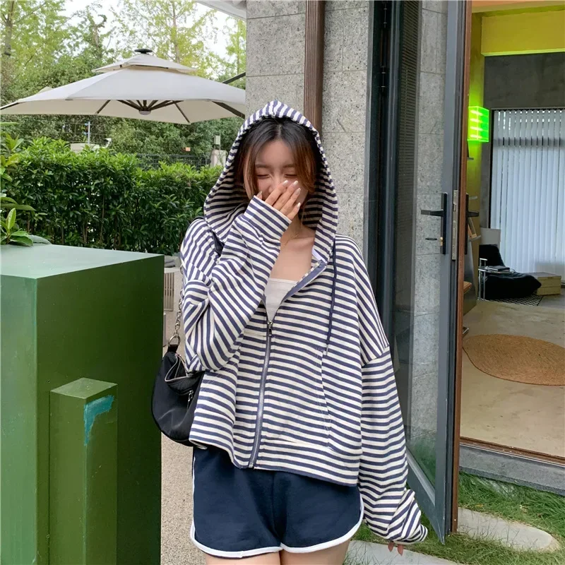 Korean Style Hoodies For Girls Vintage stripe Zip Up Women Top Long Sleeve Oversized Hooded Sweatshirt Jacket Casual short Coats