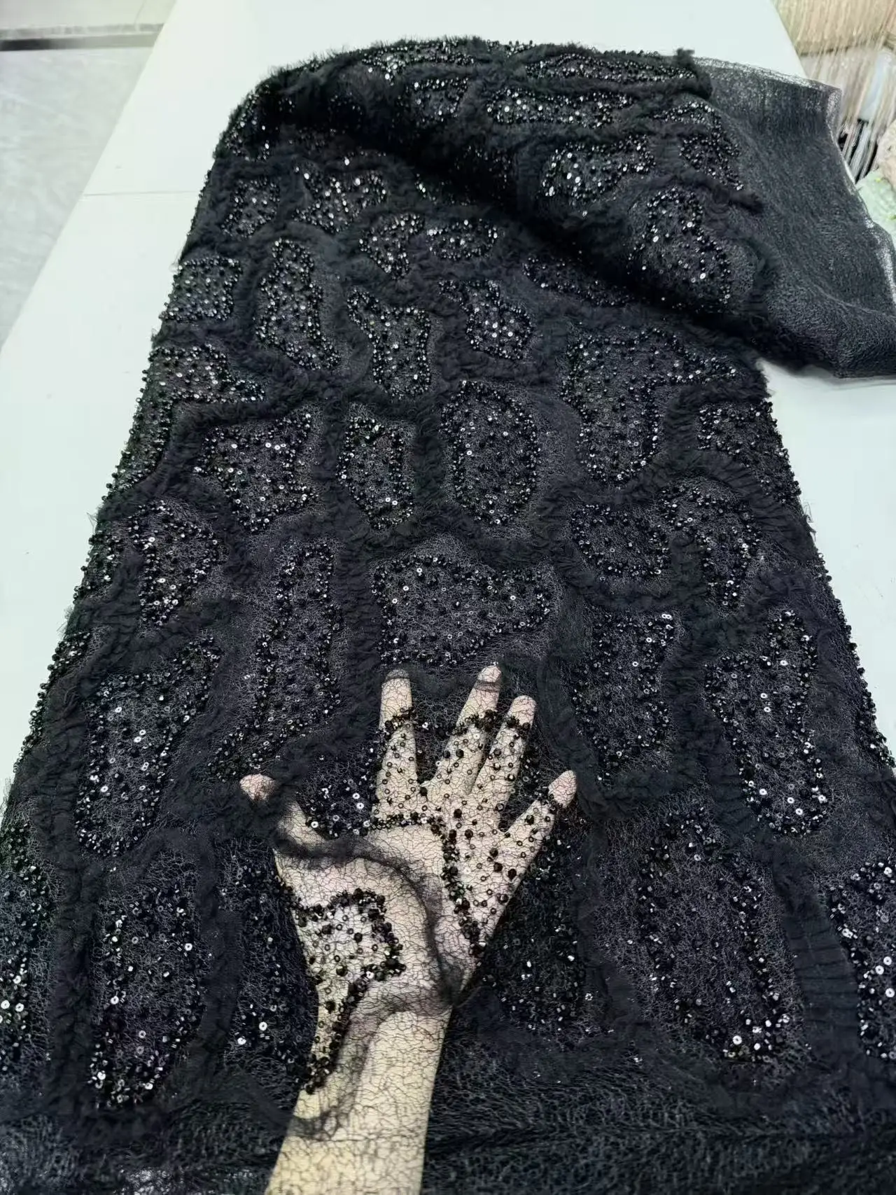Hot Item 5 yards beaded lace sequins lace Autumn African Wax Print Fabric For wedding party dresses