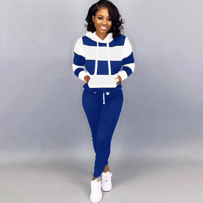 Women's horizontal striped sportswear two-piece long sleeved full zippered hoodie and pants sportswear set slim fit sportswear