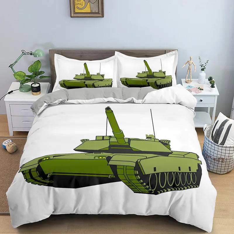 Cartoon Tank King Queen Duvet Cover War Theme Bedding Set for Kids Boys Man Soldier Dirt Bike Camouflage Army Acting Quilt Cover