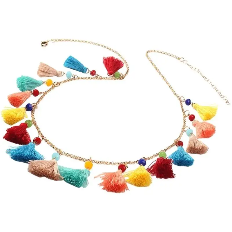 

652F Unisex Ethnic Beaded Sweater Chain with Turquoise Tassels Colorful Bohemian Necklace for Casual and Festival Occasion
