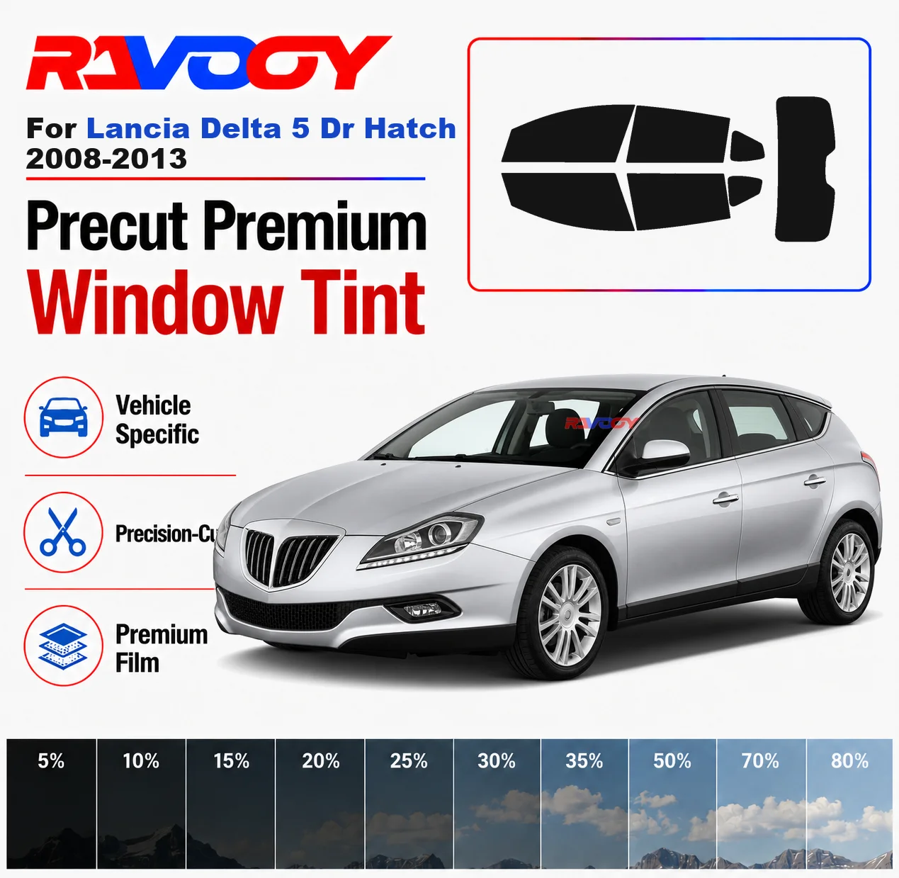 Kit de tinte para ventanas precortado de primera calidad, ventanas delanteras, ventanas traseras, parabrisas trasero para Lancia Delta 5Dr Hatch 2008-2013, película de cerámica Nano
