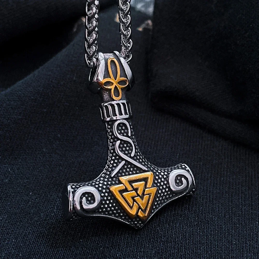 Viking Stainless Steel Thor's Hammer Mjolnir Pendant Necklace Vintage Norse Odin Viking Valknut Necklace Men Chain Biker Jewelry