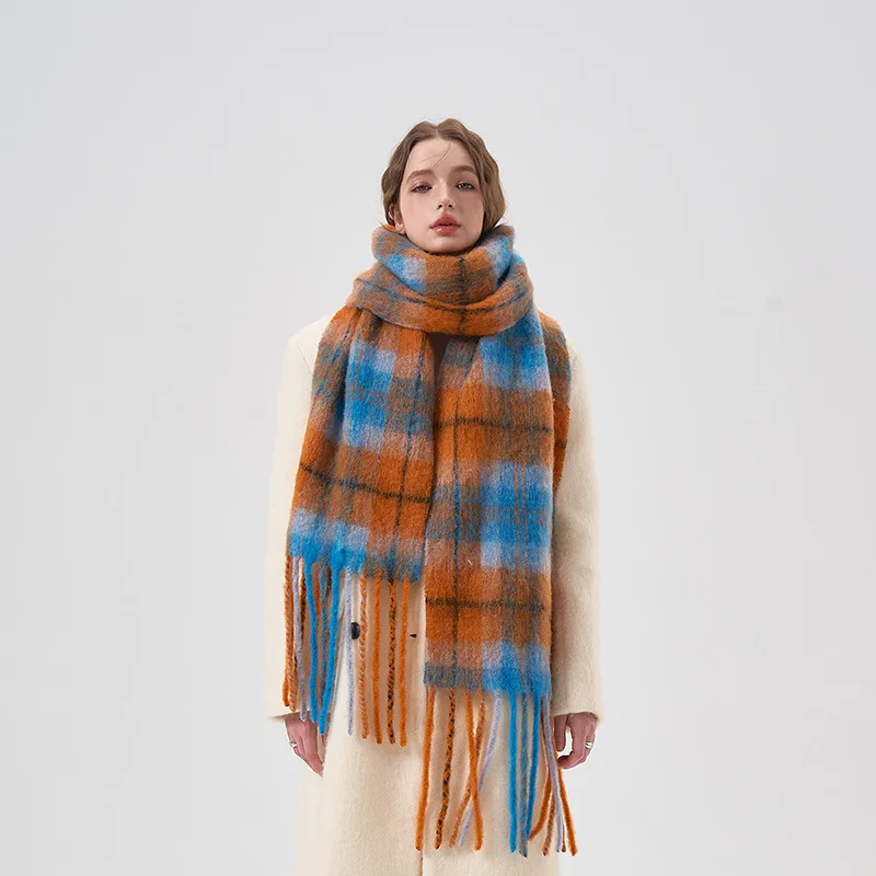 

2023Autumn/WinterNew Mohair Plaid Women's Scarf Alpaca Wool Blended Contrast Plaid Tassel Couple Scarf Wool Thickened Warm Shawl