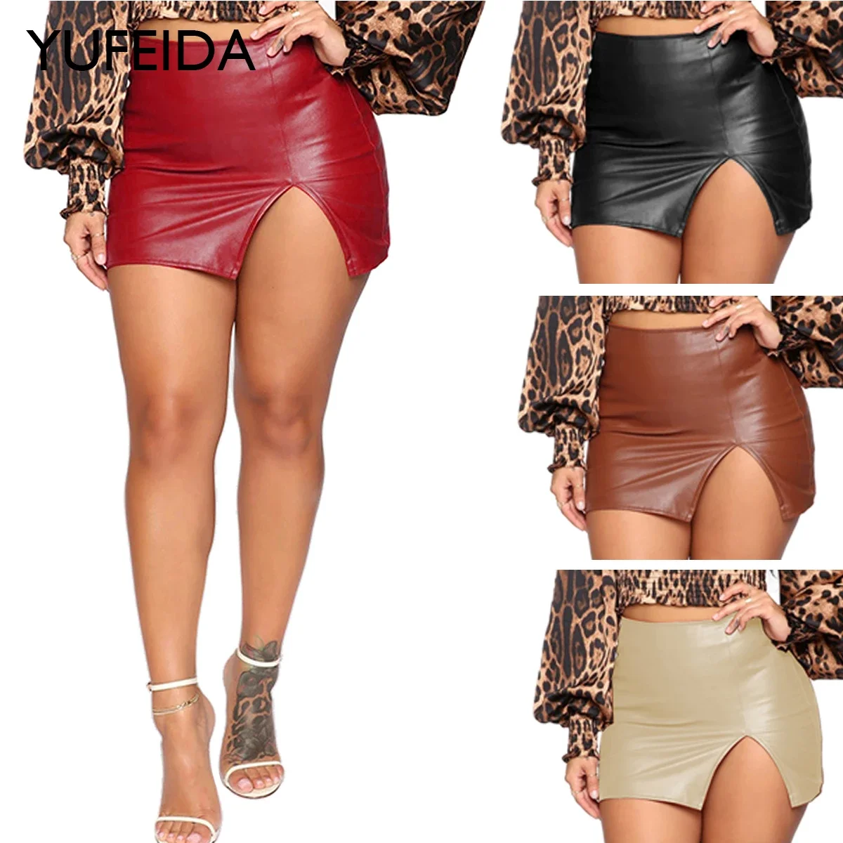 YUFEIDA Women's Sexy Mini Skirt Solid Color High Waist Slim Fit Skinny Matte Faux Leather Bodycon Streetwear Side Split Skirts