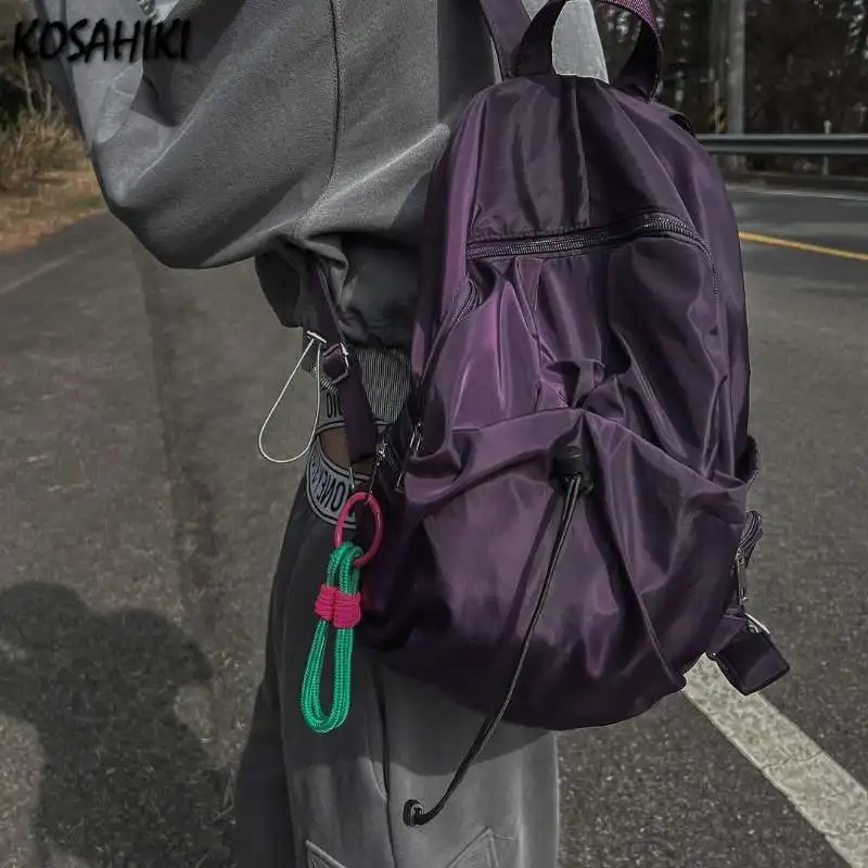 Y2k Aesthetic Ins Drawstring Pleated Backpack High-capacity Zipper Nylon Streetwear Backpacks New Casual Women Grunge Schoolbags