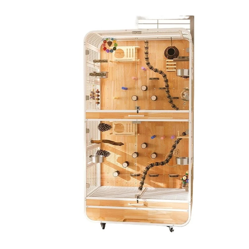 

Outdoor wooden aviary with spacious luxury layout and metal strips