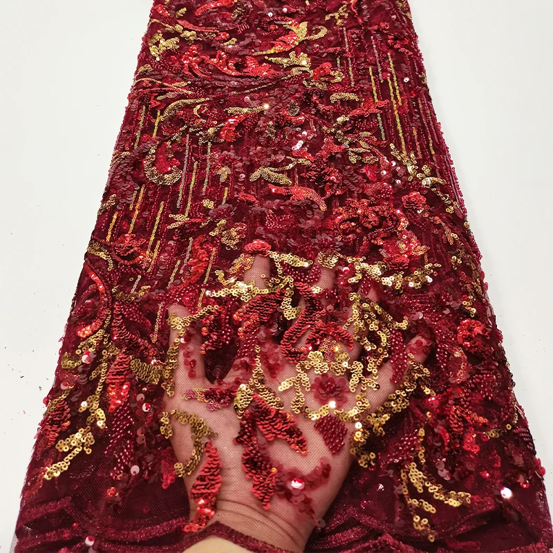 French luxurious lace mesh fabric, African high-quality beaded, branch beaded, sequin embroidered lace trim fabric
