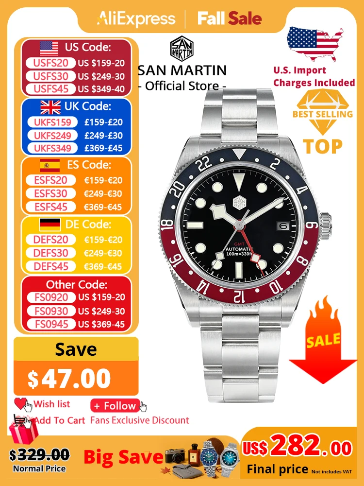 

San Martin 39mm NH34 GMT Men Luxury Watch Bidirectional Aluminum Bezel Automatic Mechanical Sapphire 100M Waterproof SN0109