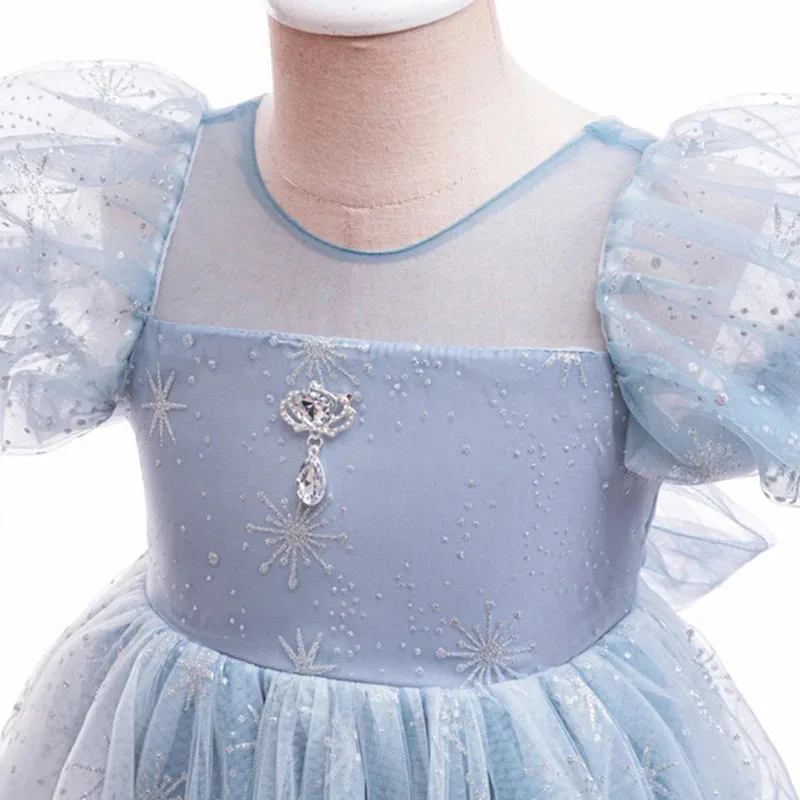 Gaun Putri Anak Perempuan Elsa Cosplay Ikatan Simpul Kepingan Salju Kostum Ratu Salju Gaun Pesta Bermain Peran Pesta Ulang Tahun Karnaval Anak-anak