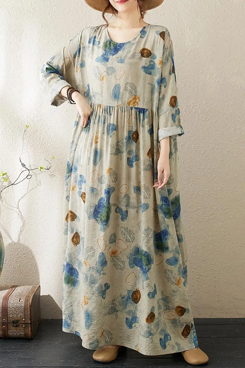 2024 autunno nuovo cotone sottile manica lunga stampa retrò allentato lungo Maxi vestito Boho Streetwear