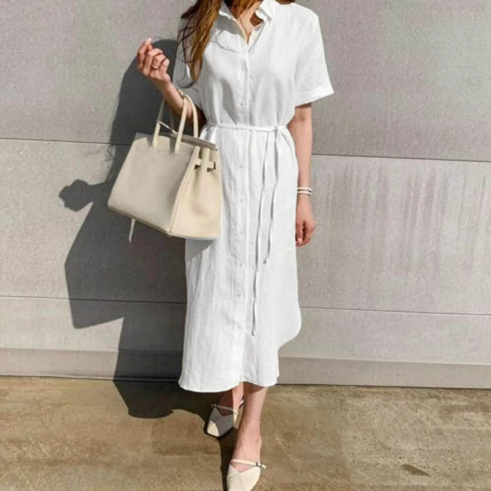 

2024 Solid Color Casual Dress Korean Version Minimalist Loose Lace Up Waist Single Breasted Short Sleeved Shirt Dress For Women