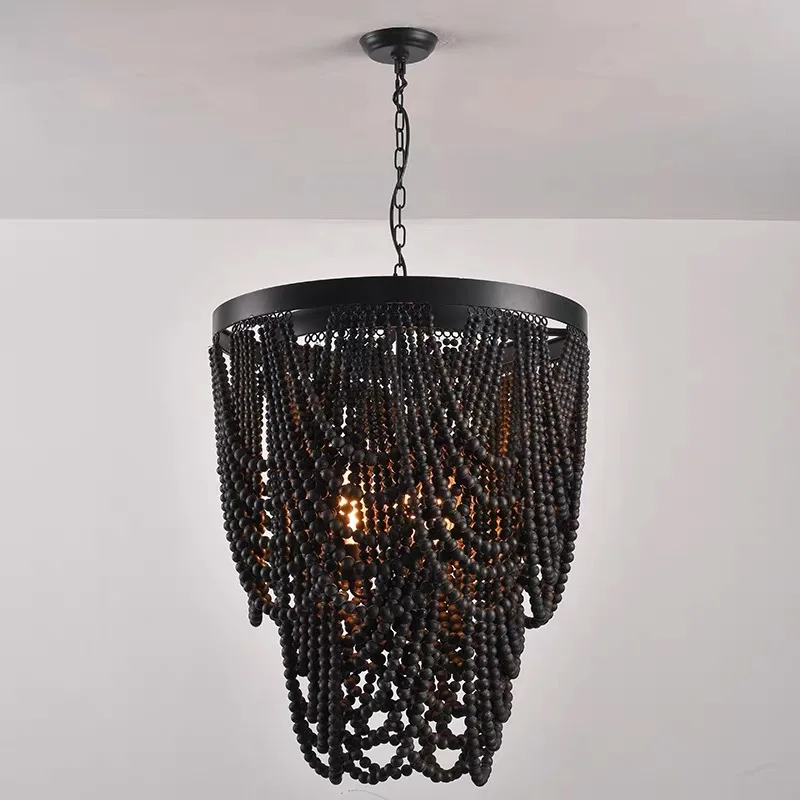 Gold Chandelier Wooden Beaded Lighting Fixture Fringe Hanging Light Kitchen Baby Kids Room Foyer