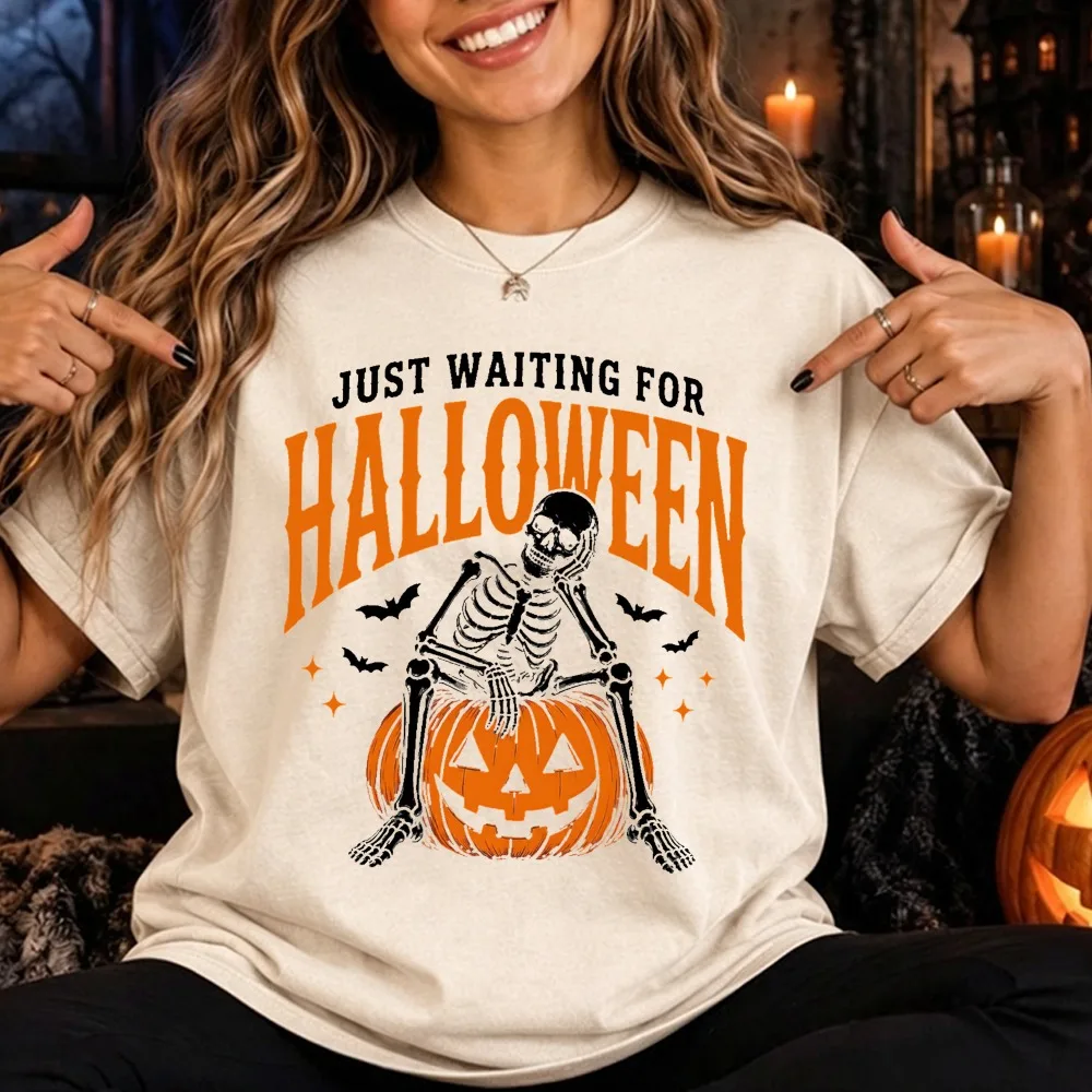 Just Waiting for Halloween Skeleton Pumpkin T-Shirt Unisex Men Women Cotton Short Sleeve Cute Graphic Tee Fall Top Women Clothes