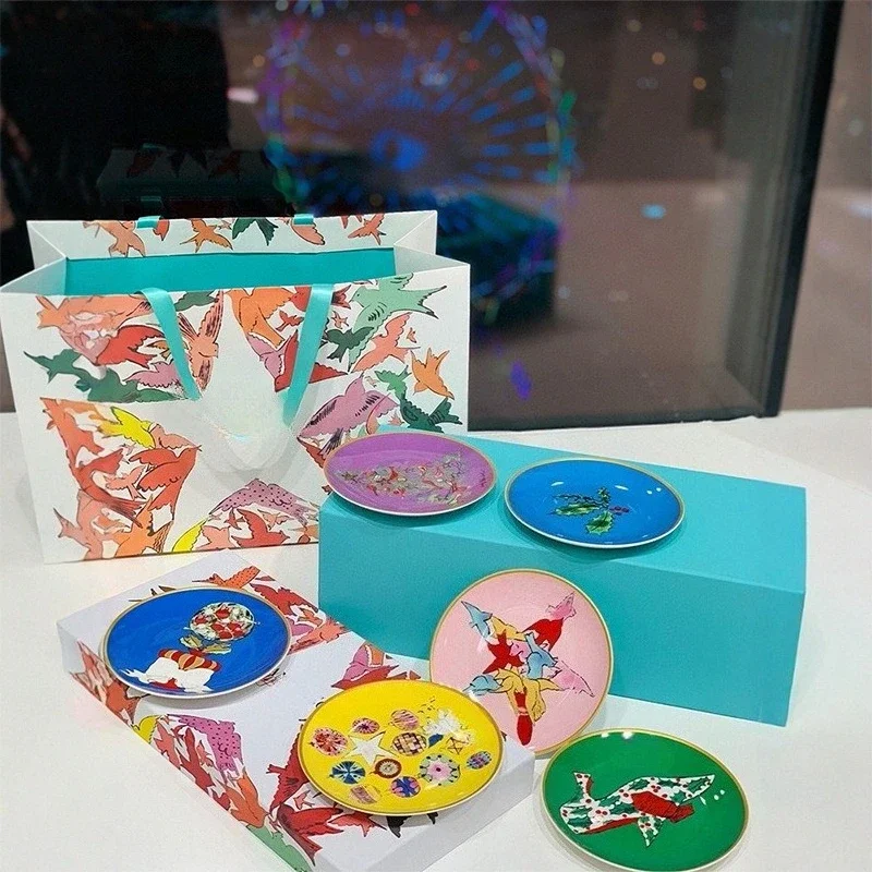 Fun Art Print Porcelain Coaster Plates Gold Rim Colorful Cartoon Ceramic Small Dish Set Gift Box Home Table Decor Trinket Dish