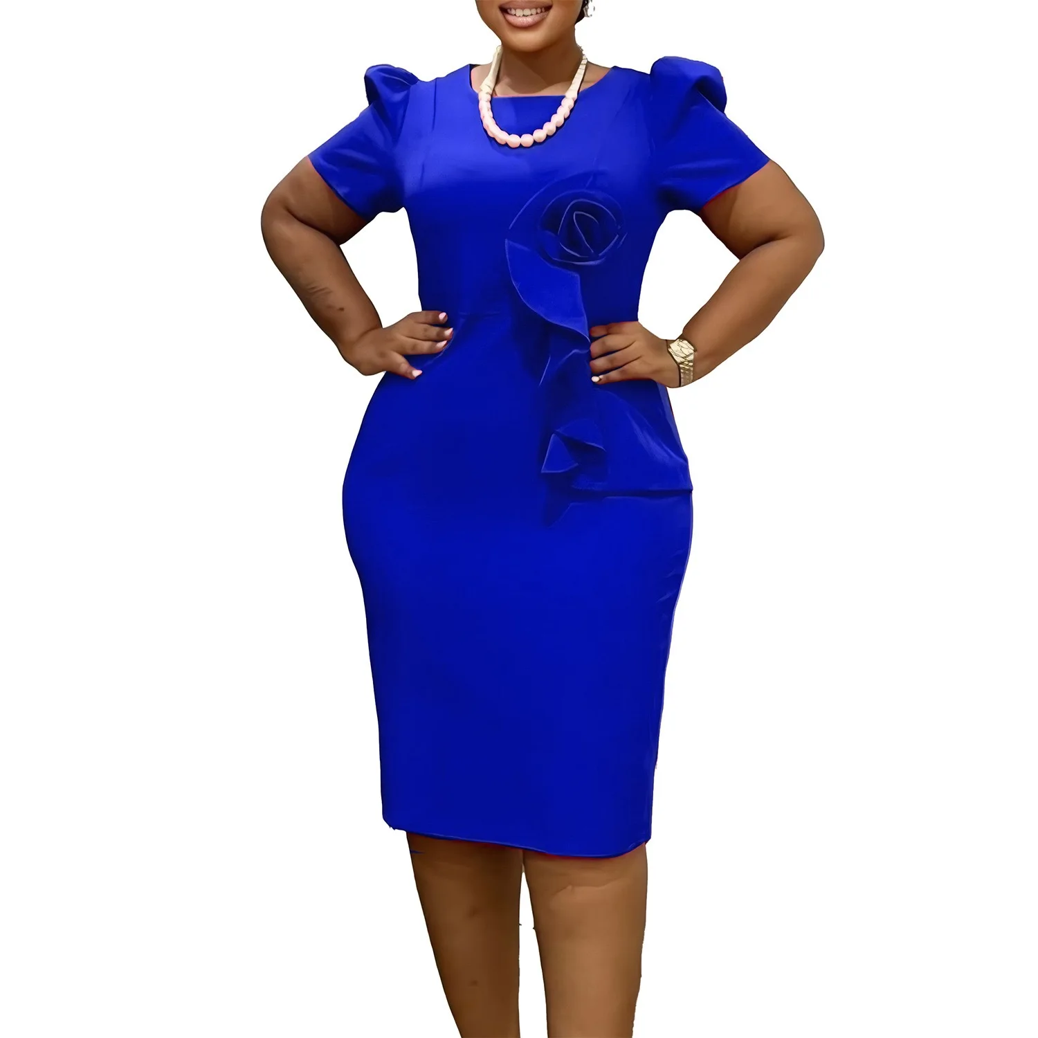 Elegant Office Dresses for Women O Neck Short Sleeve Ruffles Sheath Package Hips Mid Calf Formal Business Work Dress Wholesale