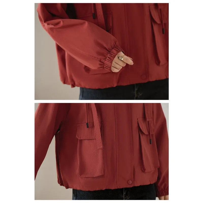 سترة نسائية بلون سادة سترة واقية من الرياح موضة قصيرة فضفاضة على الطراز الغربي كاجوال بقلنسوة #6