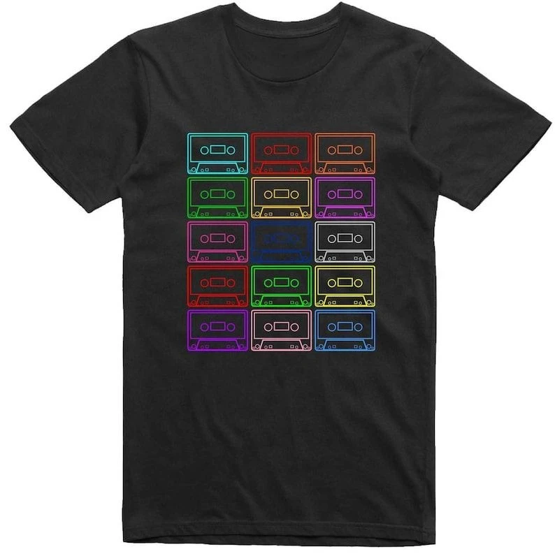 Cassette Tape Old Skool Retro Cult Music Loose Fit Cotton T-Shirt T Shirt 80's Cassette Mix Tape Multi Colour Retro Music Top