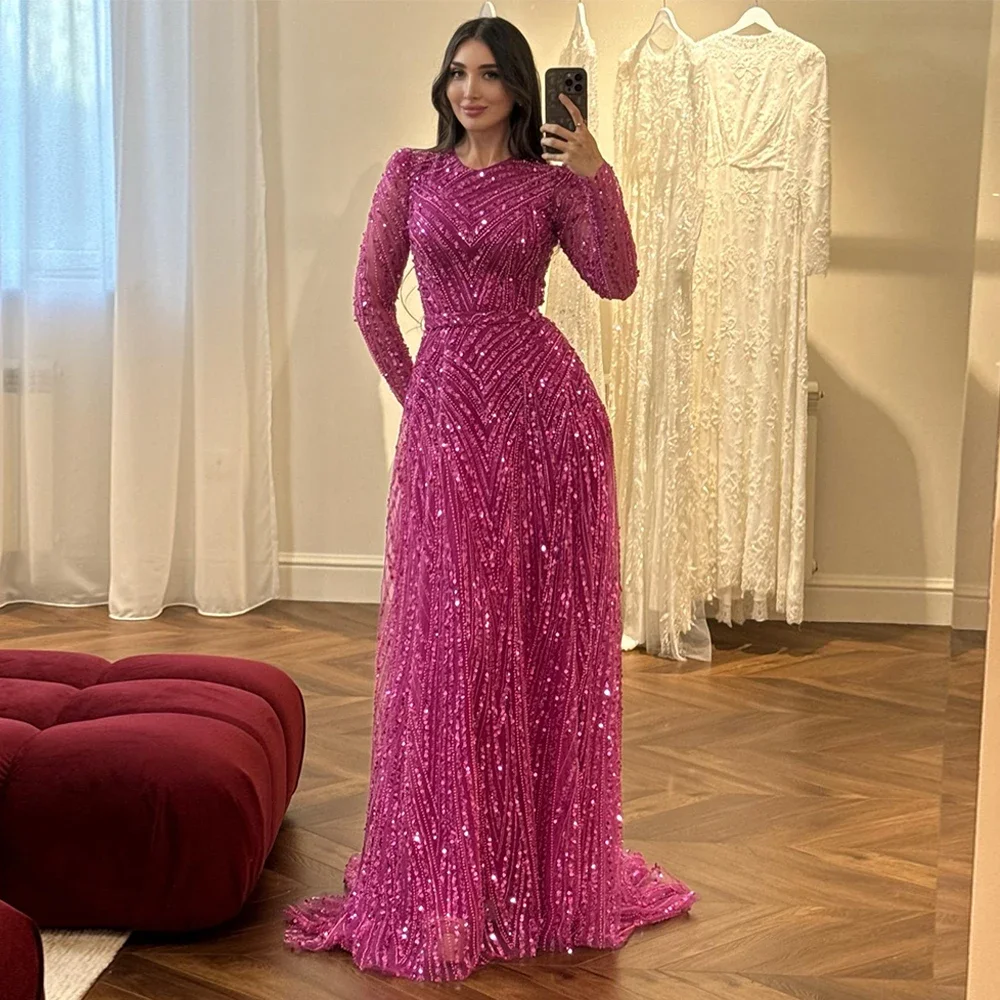 Bezauberndes lila-rotes, langärmliges, glitzerndes Abendkleid, elegantes, glänzendes, formelles Partykleid, Ballkleid für besondere Anlässe, individuell