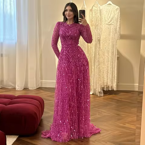 Charming Purple Red Long Sleeve Sparkling Evening Dress Elegant Shining Formal Party Dress Special Occasion Ball Dress Custom