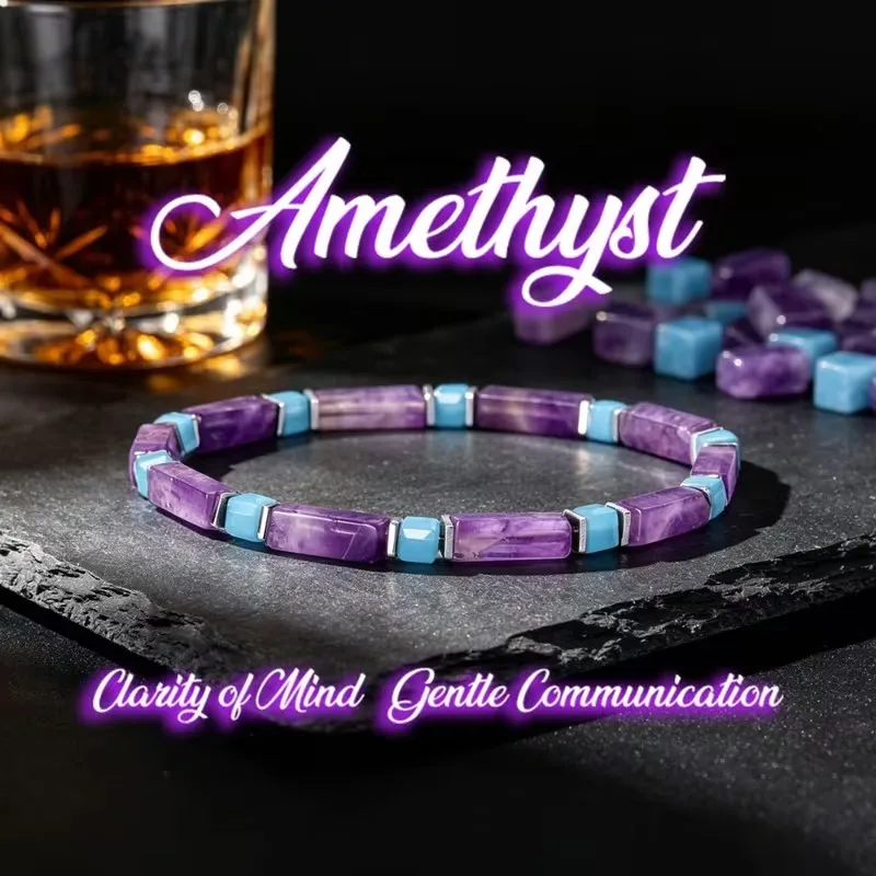 Natural Amethyst And Blue Chalcedony Rectangle Bead Stretch Bracelet for Women Boho Stackable Fashion Jewelry Gift