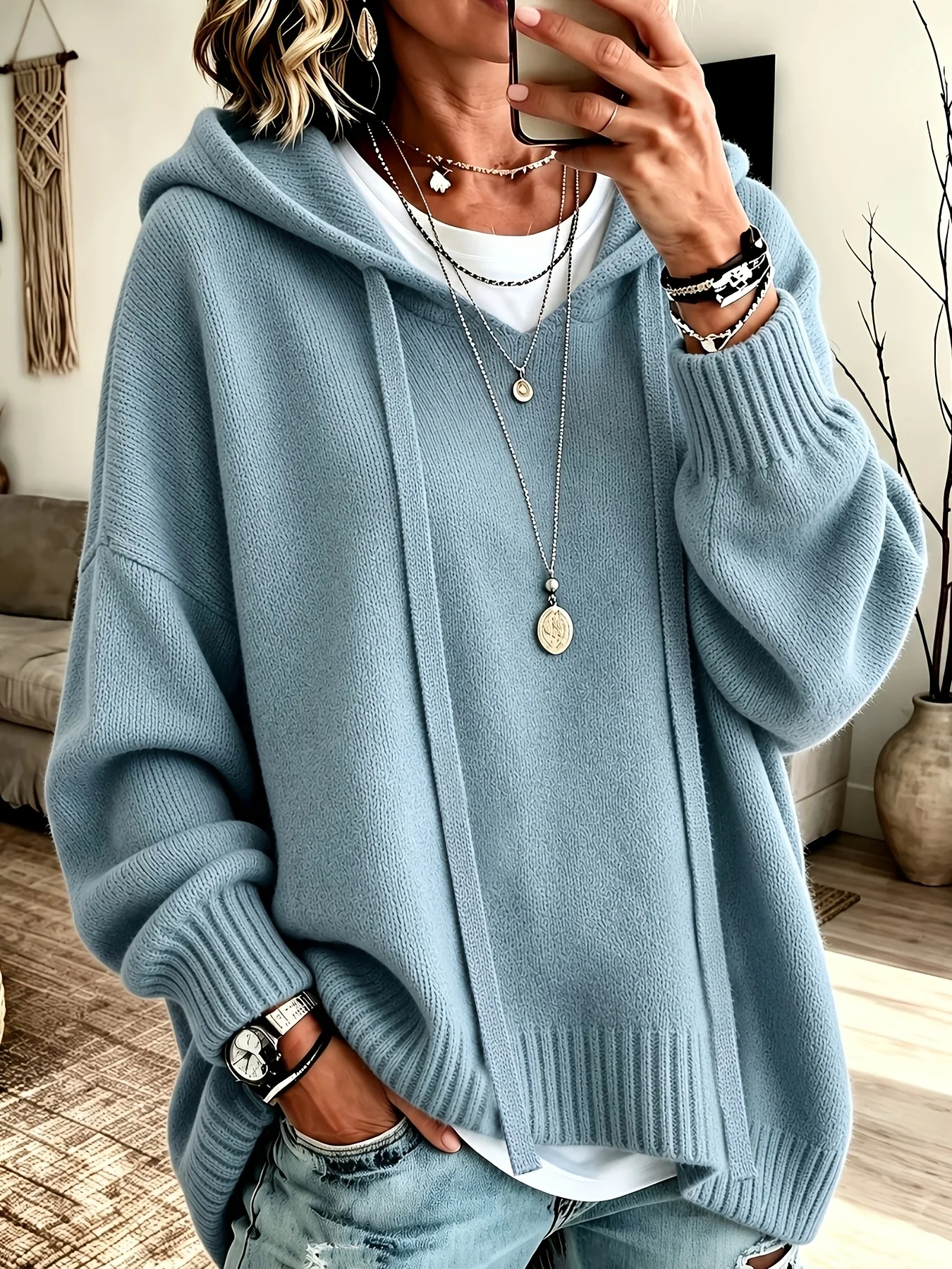 2026 New Fashion Women's Korean Loose Hooded Sweater, Autumn Winter Solid Color Versatile Drop Shoulder Lantern Sleeve Hoodie Sw