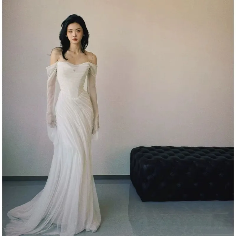Off the Shoulder Wedding Dress Long Sleeves Pleats Tulle Lace-up Back Sweep Train Bridal Gowns