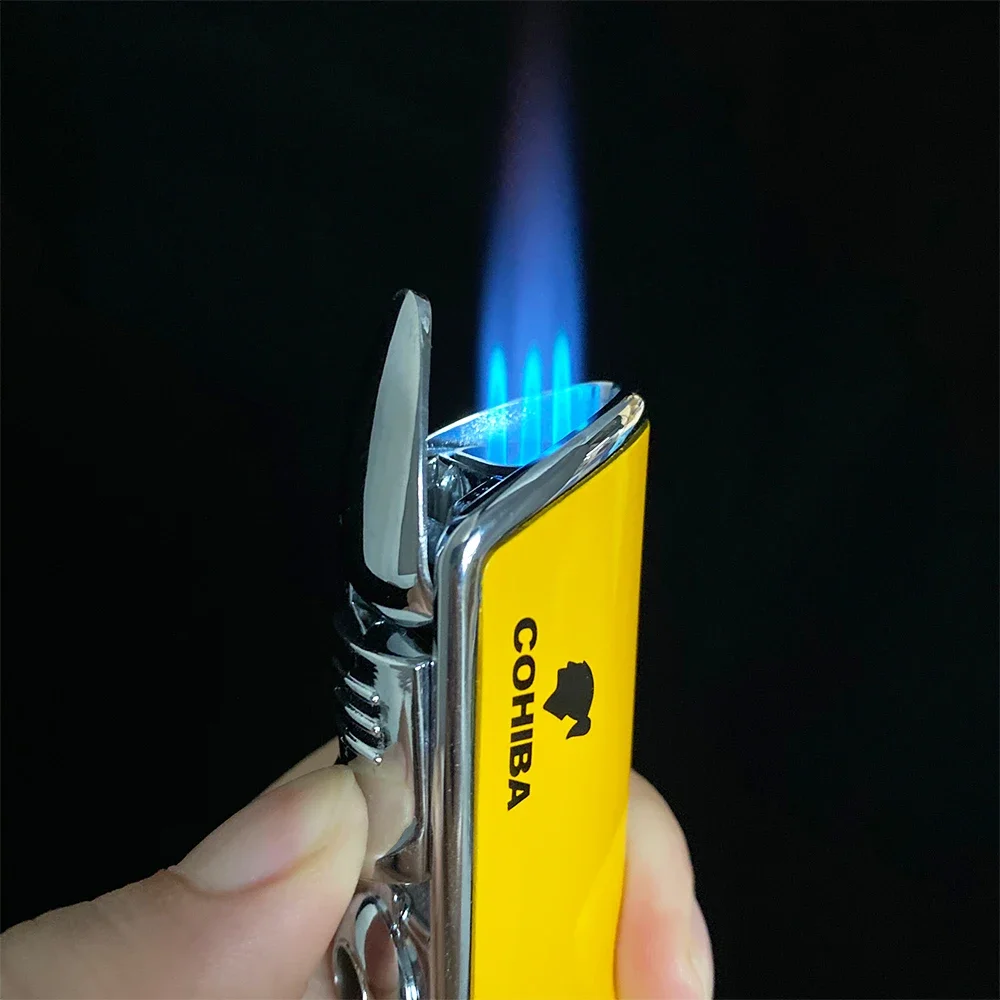 COHIBA-Windproof Mini Pocket Metal Cigar Lighter, 3 Jet Blue Flame Torch, Cigarette Lighters with Cigar Punch, No Gas, New