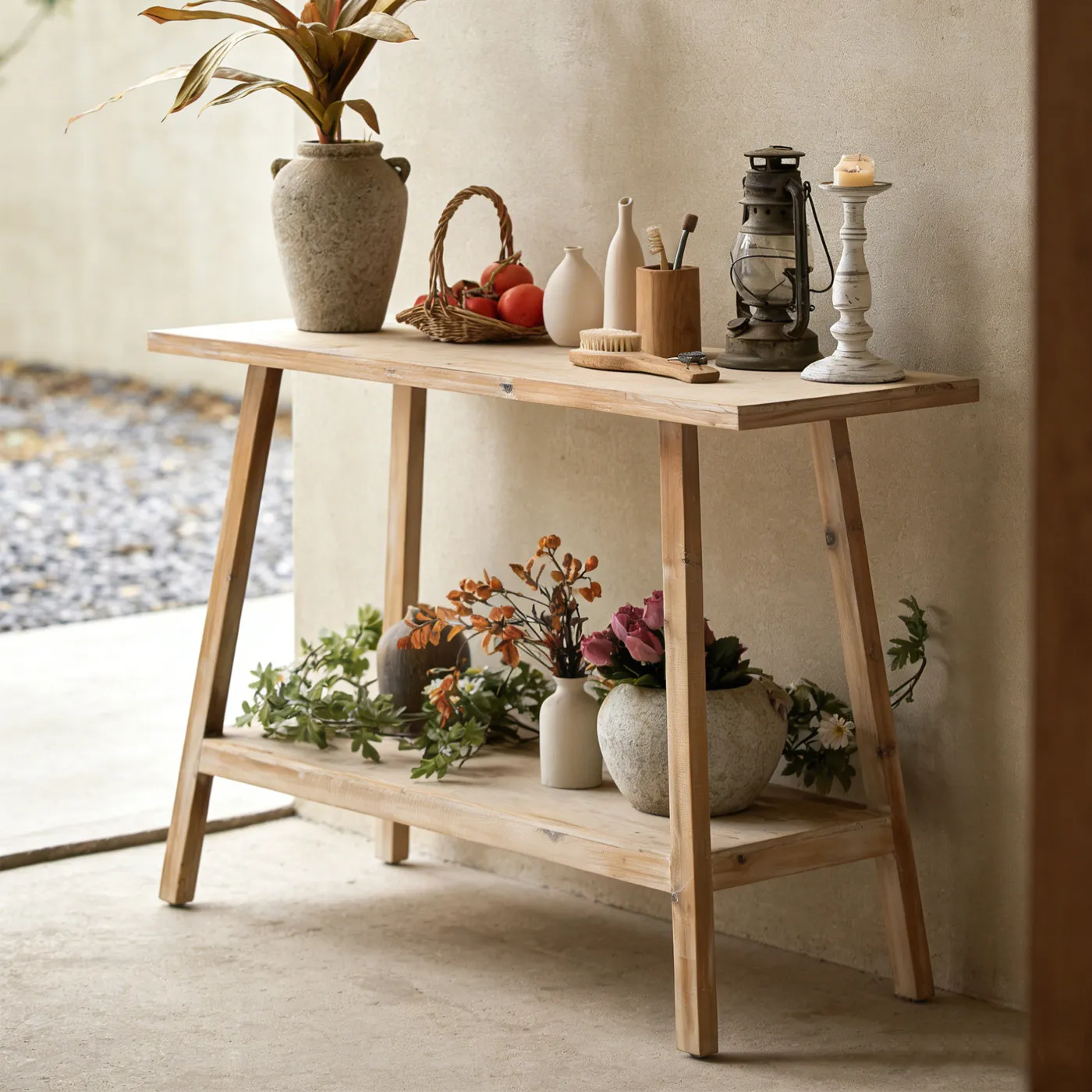 Vintage solid wood entryway counter, wabi-sabi style double-layer storage , vintage style guesthouse decoration, entryway table