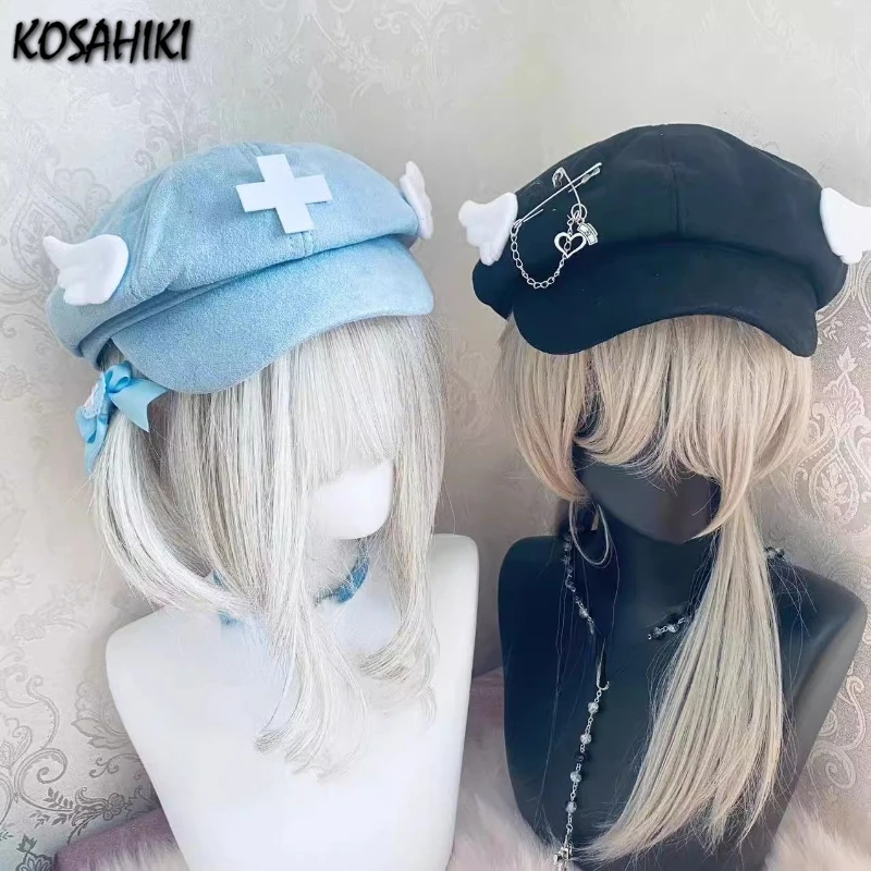 Y2k Aesthetic Women Angel\'s Wings Hats 2024 Spring Autumn Lolita Punk Light Color Sweet Hat All Match Japanese Fashion New Cap