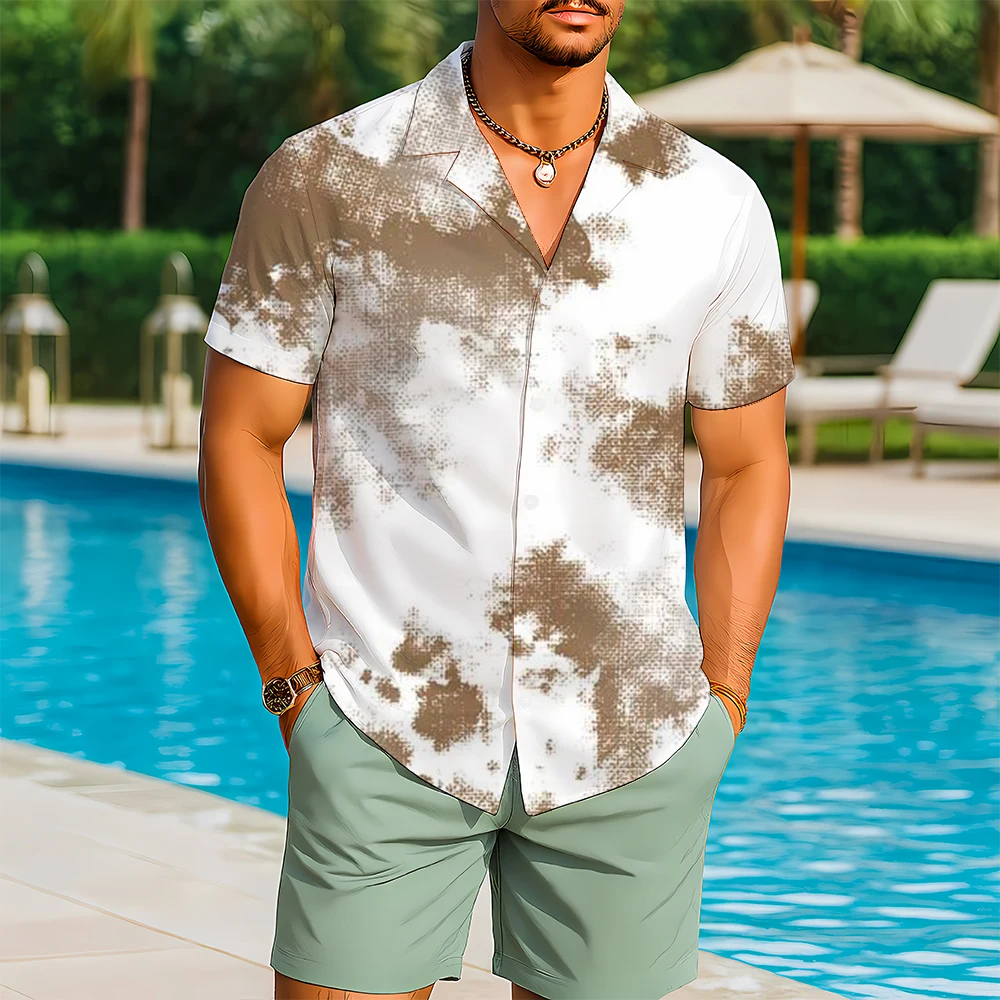 Fashionable Tie-dye Hawaiian Shirt With Retro HD Print Casual Breathable Comfortable Men's Clothing Travel Beach Gift Soft Tops