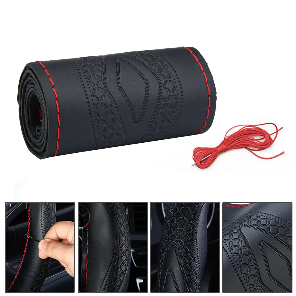 

Genuine Leather Car Steering Wheel Cover Soft Anti Slip Steering-Wheel Braid 100% Cowhide Braid with Needles Thread 38cm