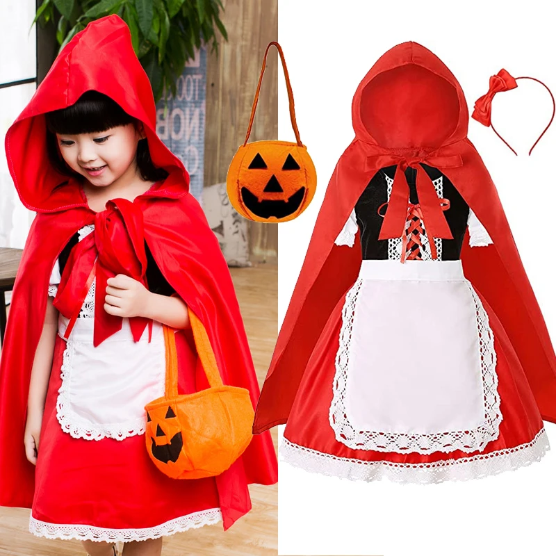 Little Red Riding Hood Halloween Costume For Girl With Cape Princess Dress Christmas Children Performance Ball Fairy Tale Outfit