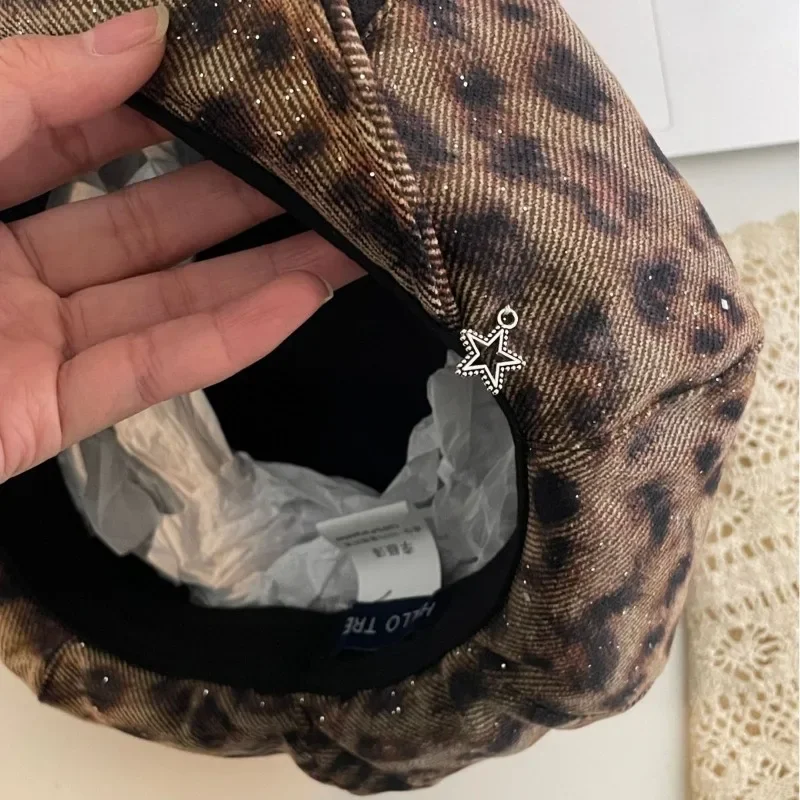 American Y2k Personalized Star Leopard Print Beret Spring and Summer Outdoor Big Head Sunshade Octagonal Newsboy Cap for Women 6