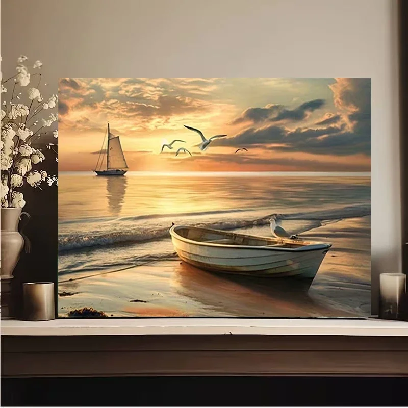 Multiple sizes 1pc frameless Canvas Painting,Sailboats Beach Sunset Landscape Poster and Prints Canvas Painting Wall Art Picture