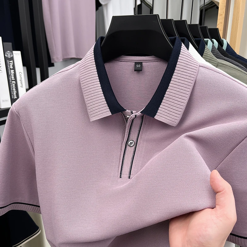

Designer brand silk cotton short sleeve polo shirt summer breathable comfort men's T-shirt fashion solid color Korean casual top