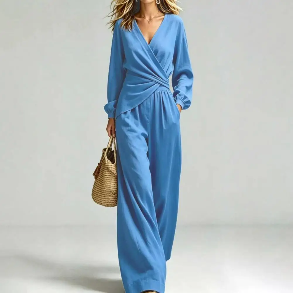 Women's Long Sleeve 2 Piece Sets, Irregular Hem V Neck Top And Wide Leg Pants Matching Sets, Casual Travel Vacation Outfits