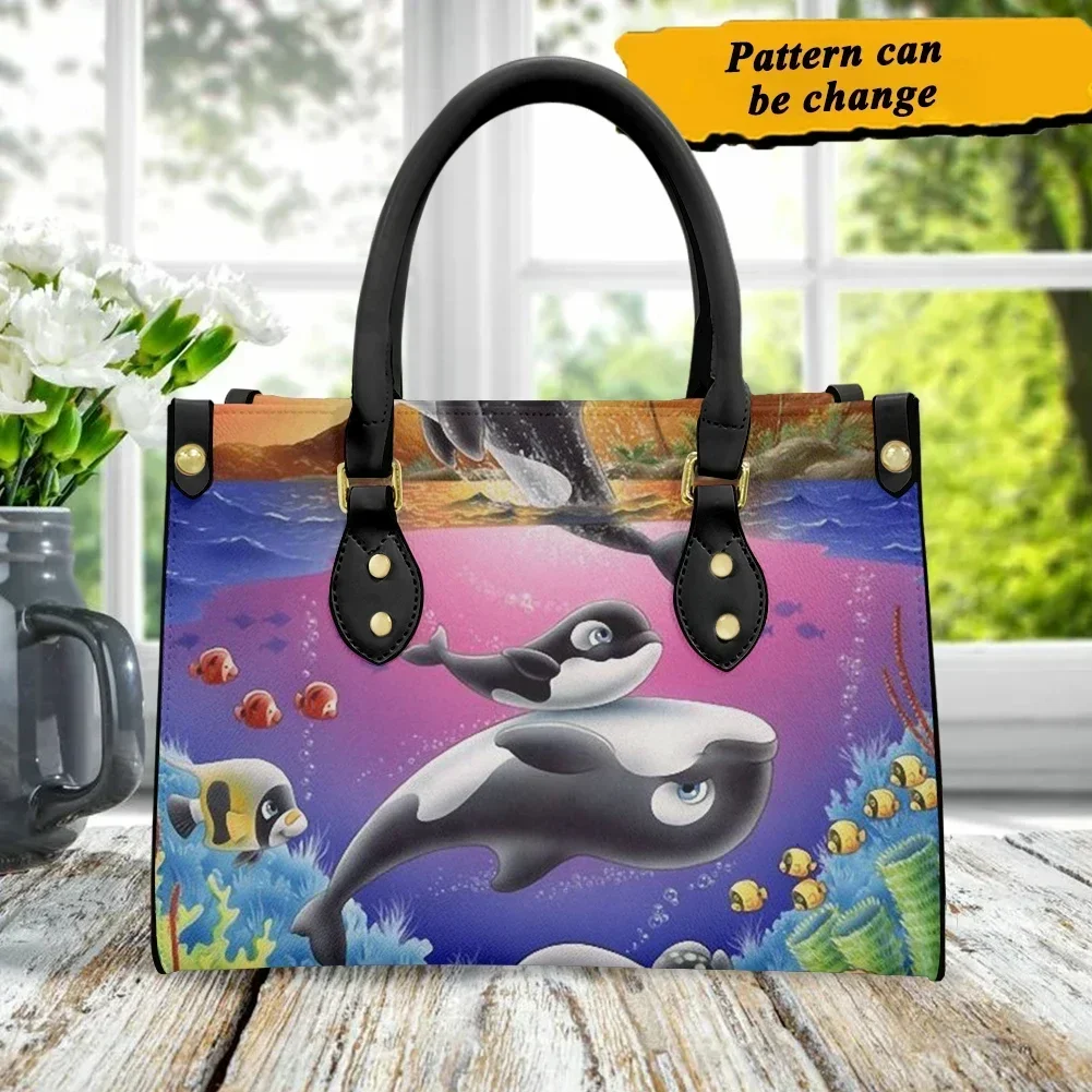 

New Handle Blue Female Handbags Lovely Cartoon Dolphin High Quality Portable Lady Pu Leather Clutch Bag Shoulder Bags for Women