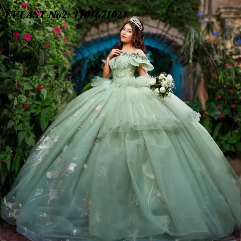 

EVLAST Customized 2026 Sage Quinceanera Dress Off Shoulder Applique Crystal Beaded Corset Sweet 16 Vestidos De 15 Anos E2QA25