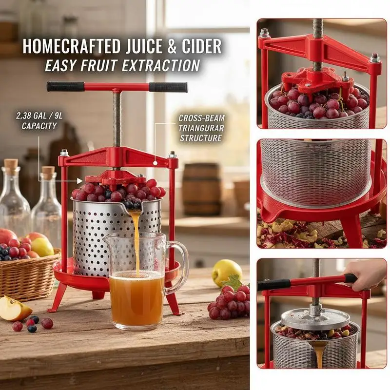 Presse à jus de fruits manuelle, moulin à fruits et à pommes (9 l), panier en acier inoxydable à structure triangulaire, presse à cidre, presse à raisins avec poignée en forme de T pour la cuisine domestique