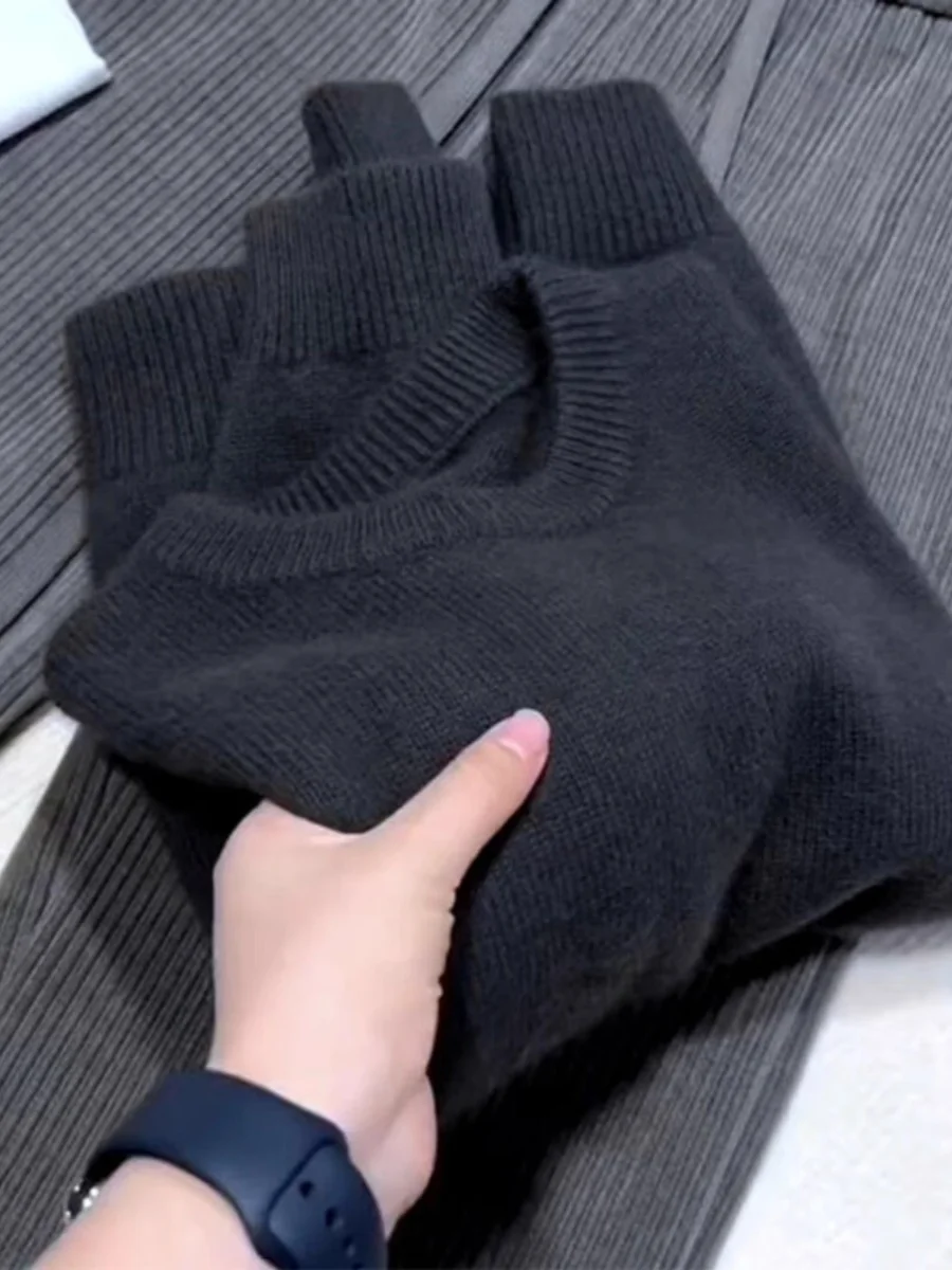 

Elegant Black Grey Woolen Knitted Sweater Women's Autumn Winter round Neck Overhead Base Layer Inner Wear T-Shirt Korean Style