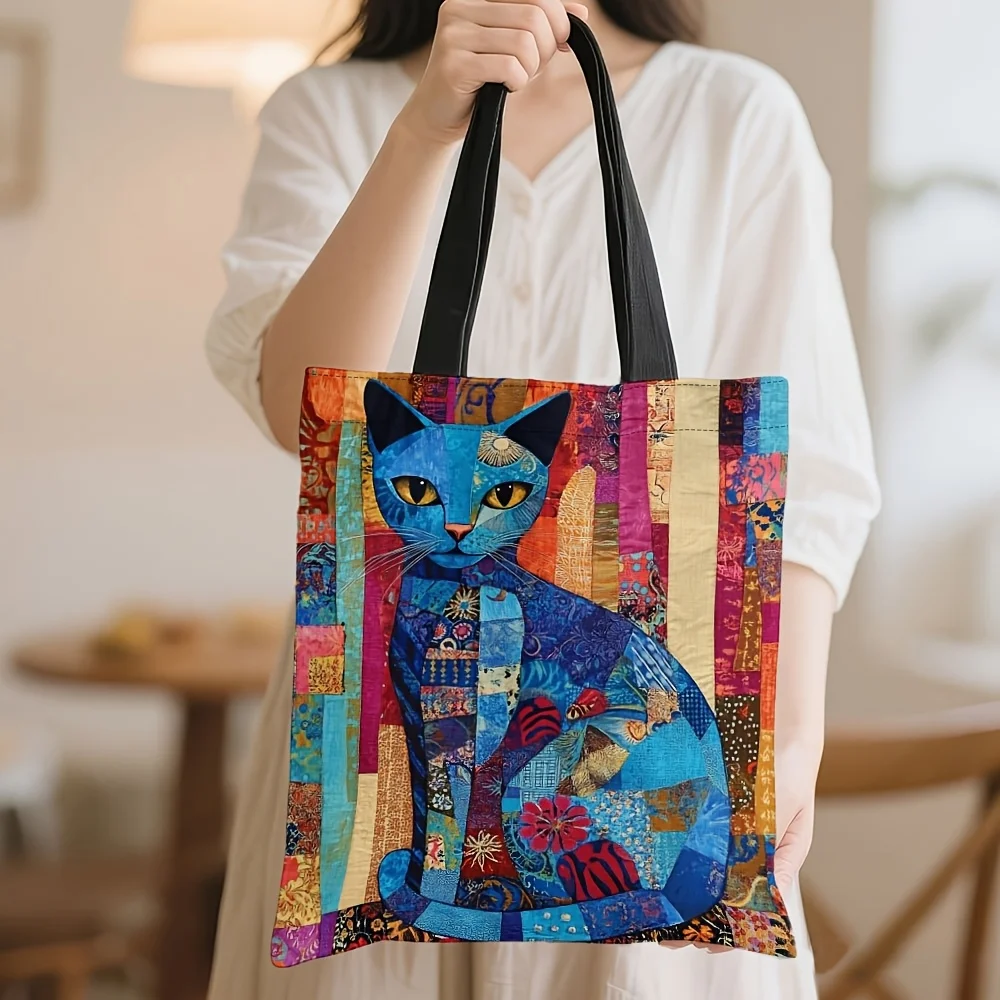 Chic Bohemian Multicolor Ethnic Cat Tote Bag Large Capacity Vintage Style Shoulder Shopping Bag Holiday Events,Gifts Handbag