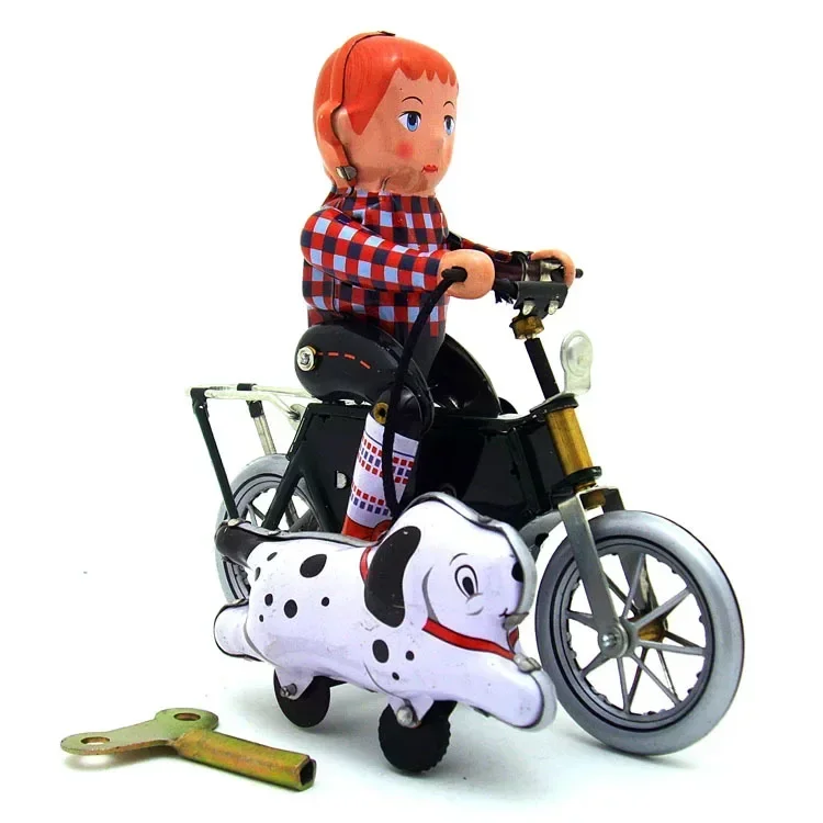 [Fun] Adult Collection Retro Wind up toy Metal Tin The boy walk the dog by bike motorcycle Clockwork toy figures model kids gift