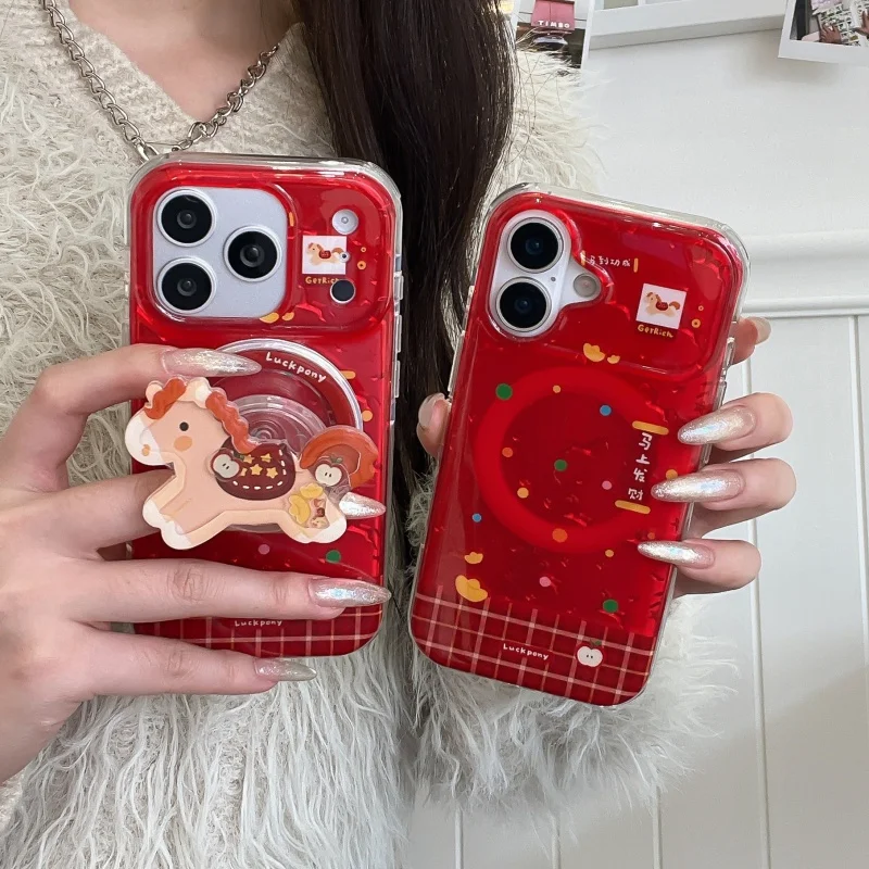 

Korean Color Polka Dot Plaid Pattern Magnetic Phone Case For iPhone 17 Pro 16 14 15 Pro Max Back Cover with Stand For Magafe Cas