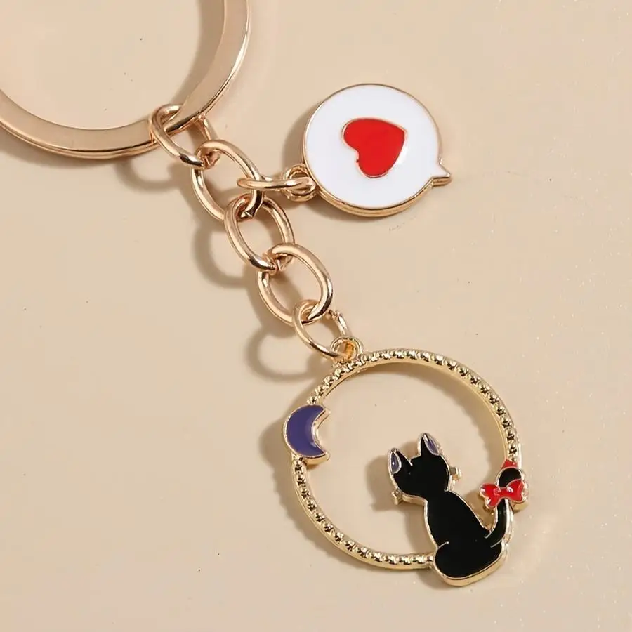 1/5/10/20/50/100pcs Cute Cartoon Black Cat Moon Enamel Keychain Pretty Bag Charms for Friends Good Gift Mixed Color Mini Items G