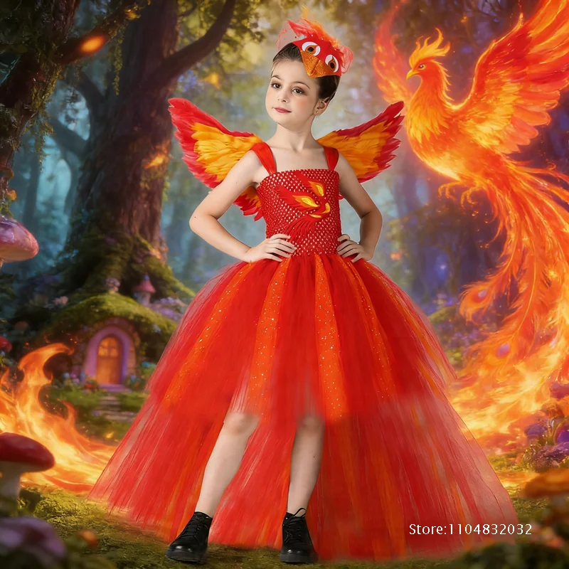 

Костюм для выступления на Хэллоуин: Детское платье Феникса с пышной юбкой для сценических представлений и косплея